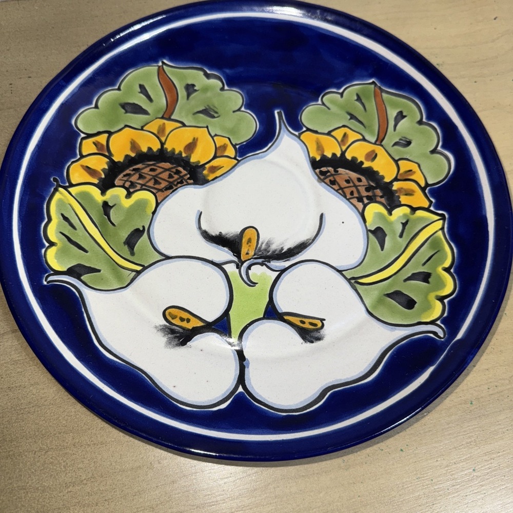 TALAVERA MEXICAN POTTERY PLATE CALLA LILIES AND SUNFLOWERS 10.5" - Picture 5 of 6
